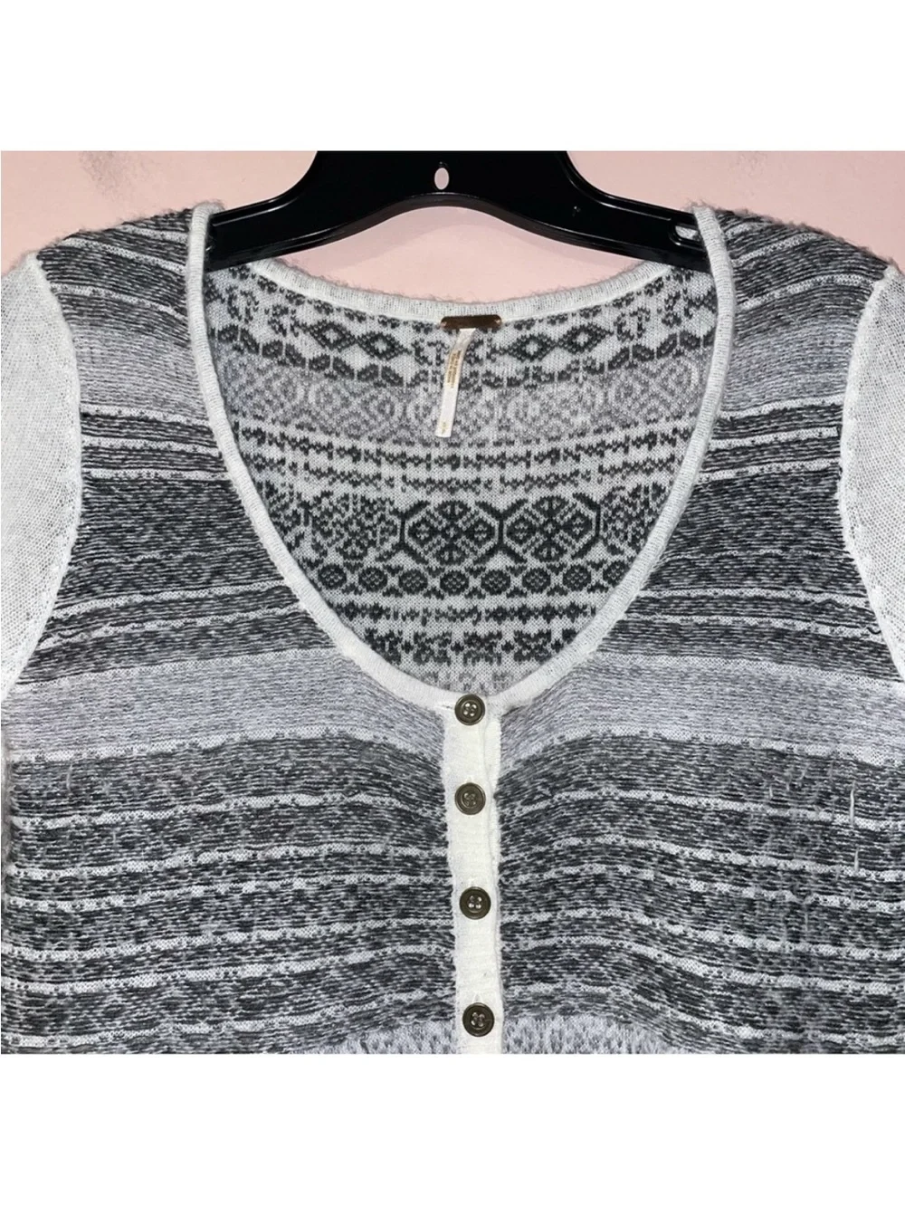 Free People Black White Angora Wool Nordic Fair Sweater Button Size S